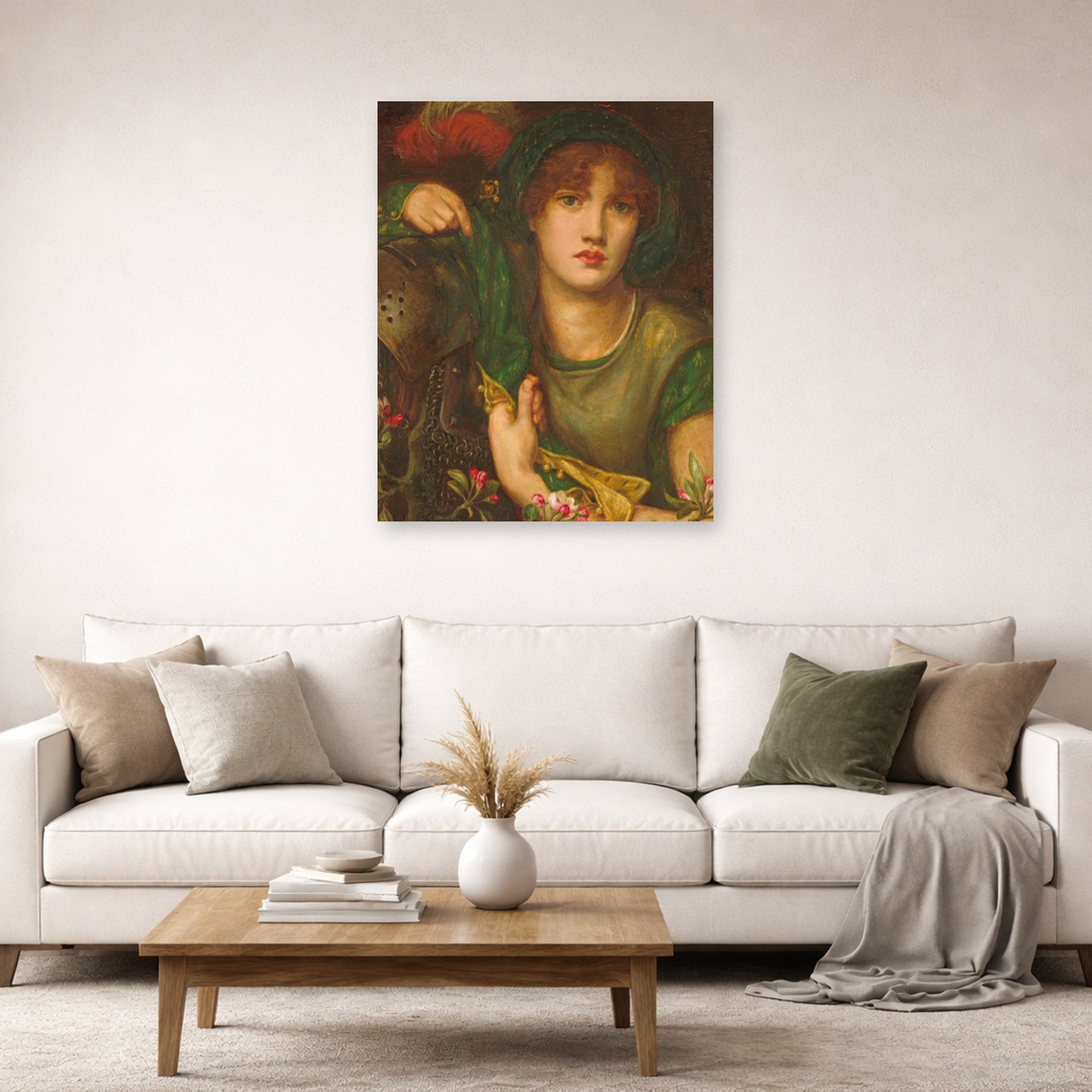Unframed poster print of Dante Gabriel Rossetti's My Lady Greensleeves displayed on a wall in a living room