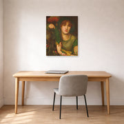Unframed poster print of Dante Gabriel Rossetti's My Lady Greensleeves displayed on a wall in a office
