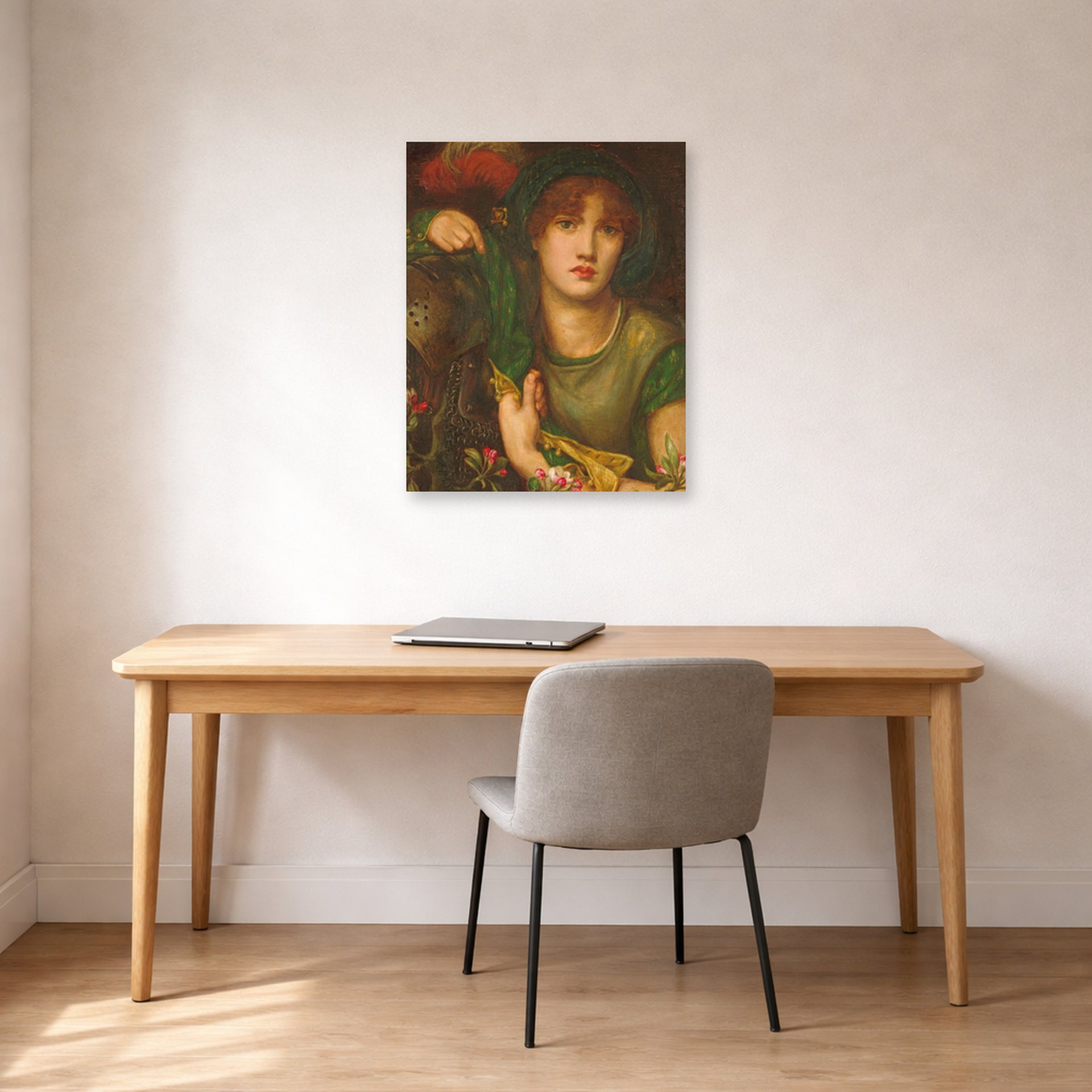 Unframed poster print of Dante Gabriel Rossetti's My Lady Greensleeves displayed on a wall in a office