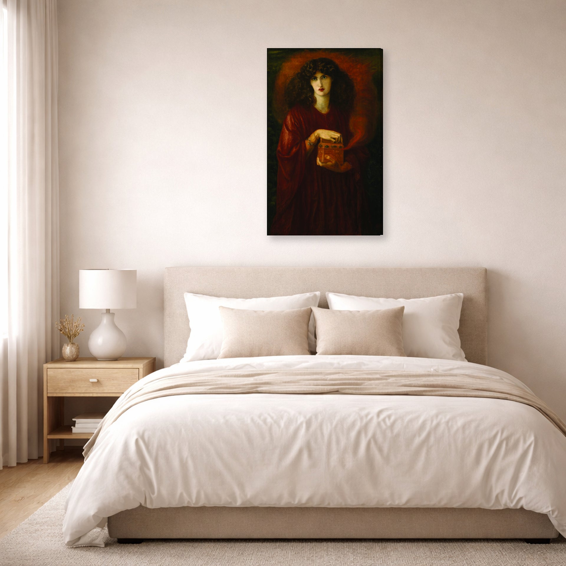 Gallery-wrapped canvas print of Dante Gabriel Rossetti's Pandora displayed on a wall in a bedroom