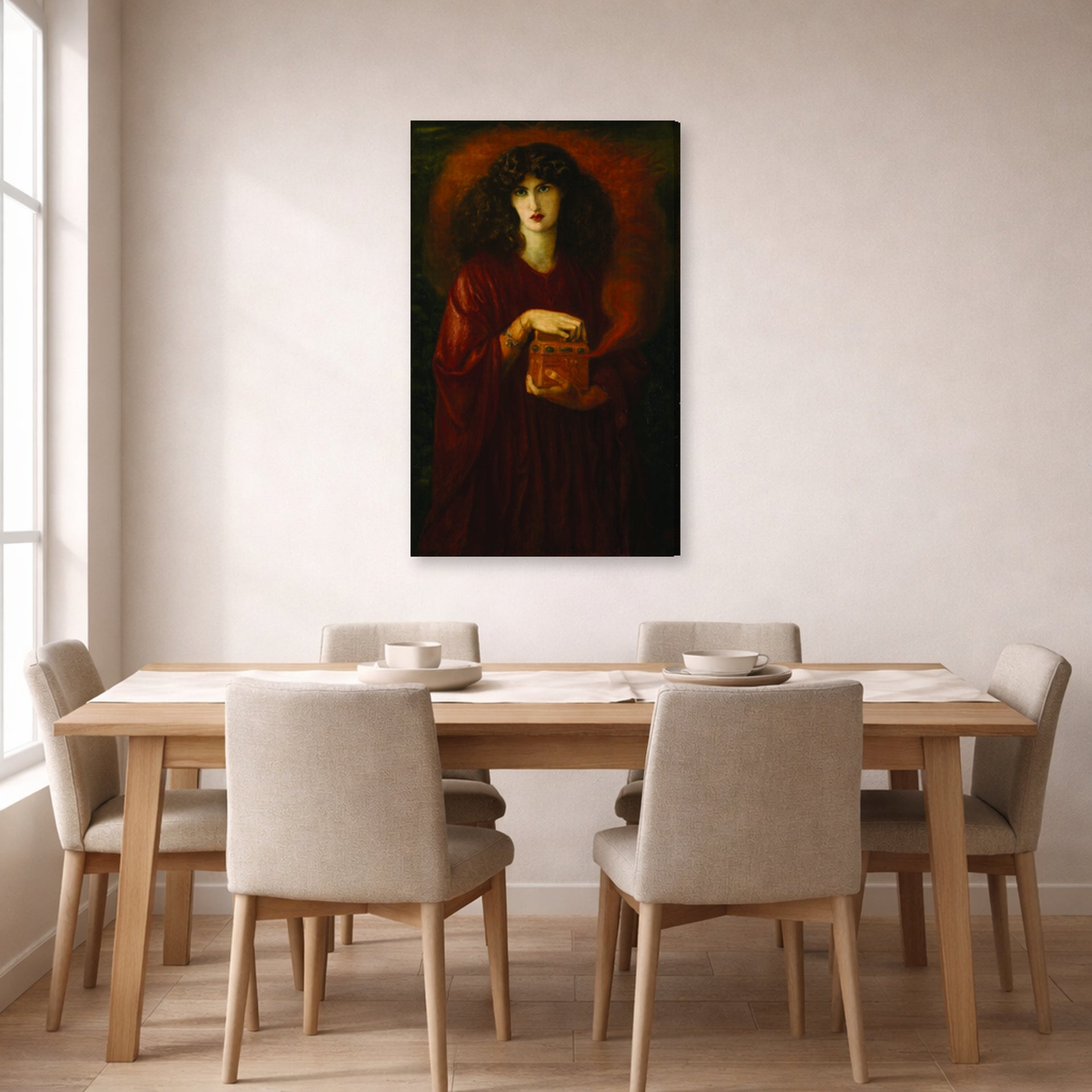 Gallery-wrapped canvas print of Dante Gabriel Rossetti's Pandora displayed on a wall in a dining room