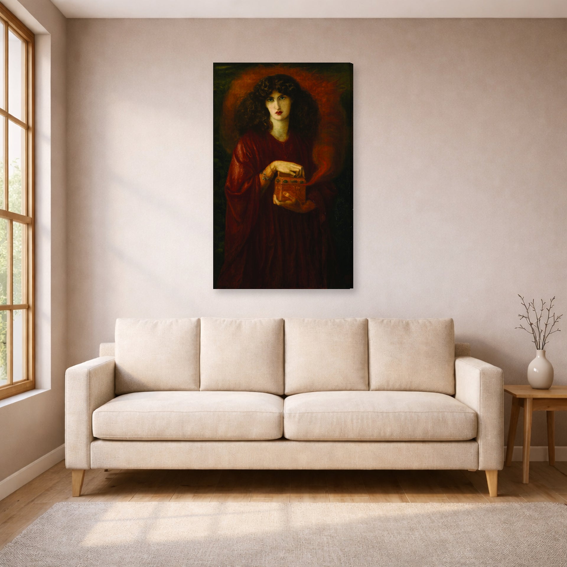 Gallery-wrapped canvas print of Dante Gabriel Rossetti's Pandora displayed on a wall in a living room