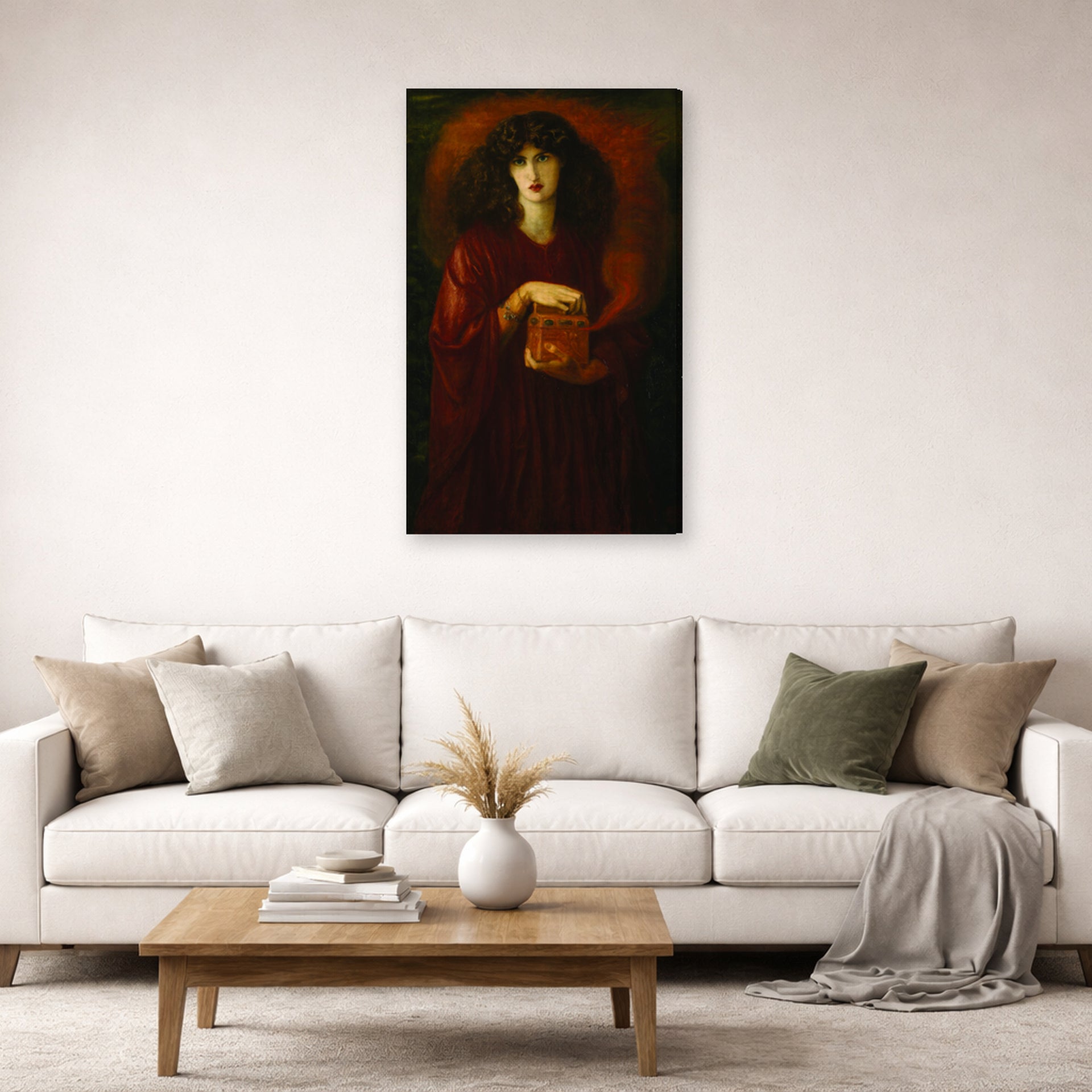 Gallery-wrapped canvas print of Dante Gabriel Rossetti's Pandora displayed on a wall in a living room