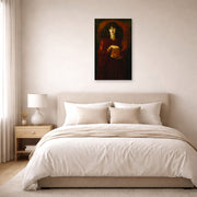 Unframed poster print of Dante Gabriel Rossetti's Pandora displayed on a wall in a bedroom