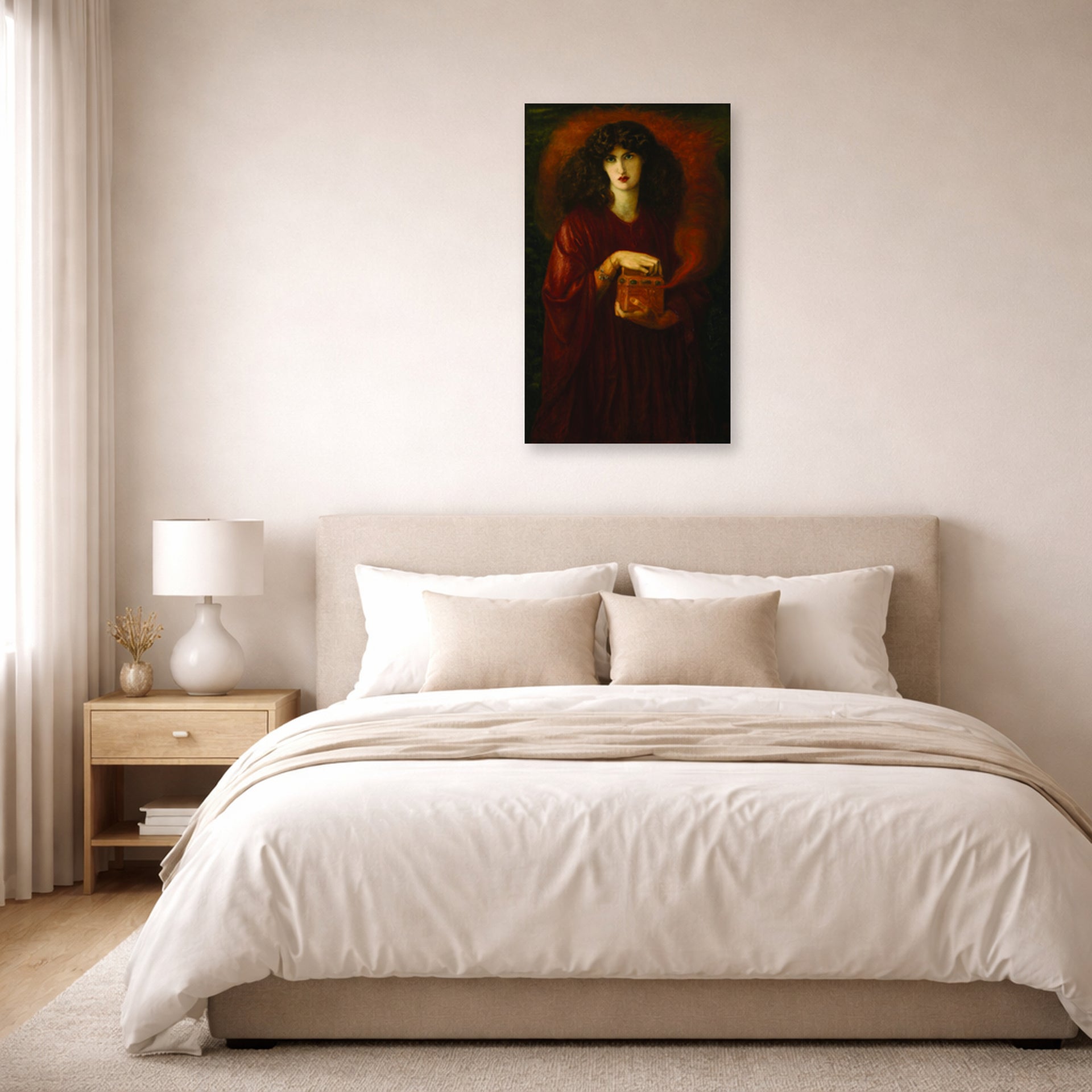Unframed poster print of Dante Gabriel Rossetti's Pandora displayed on a wall in a bedroom