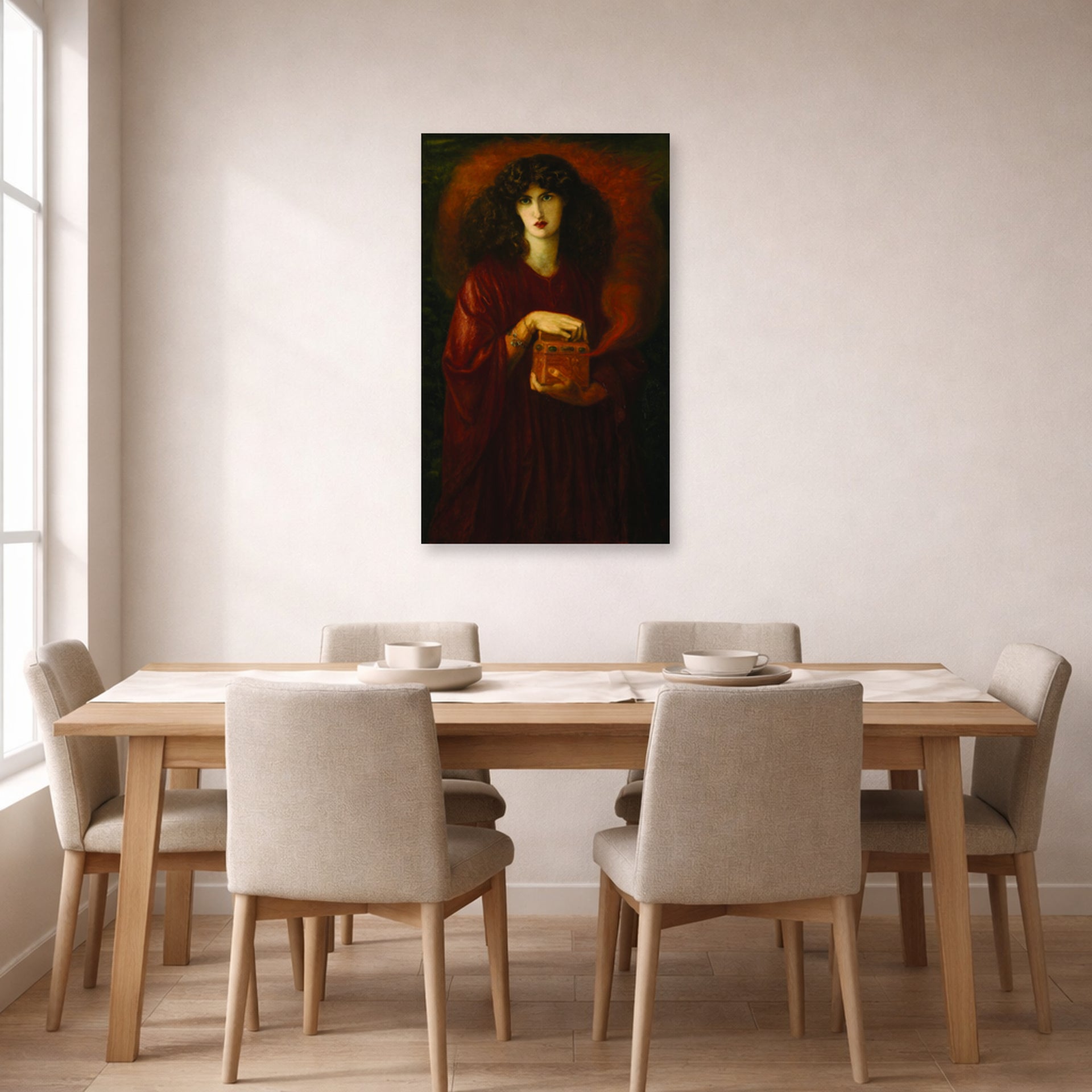 Unframed poster print of Dante Gabriel Rossetti's Pandora displayed on a wall in a dining room
