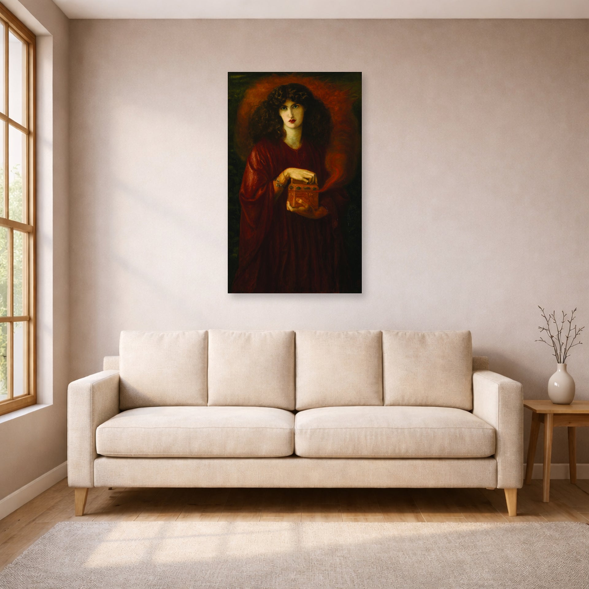 Unframed poster print of Dante Gabriel Rossetti's Pandora displayed on a wall in a living room