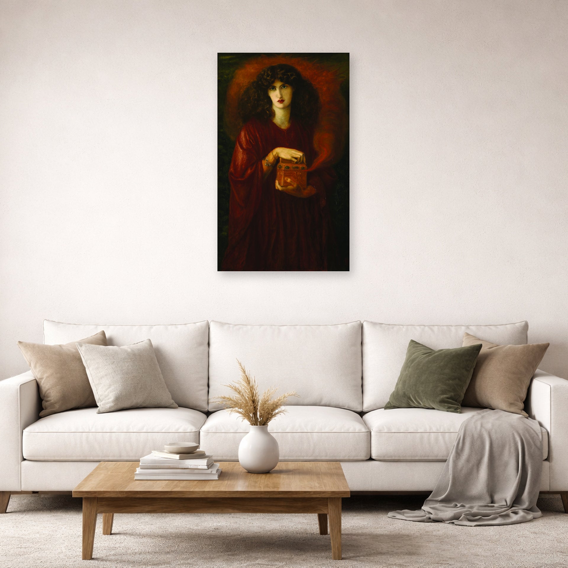 Unframed poster print of Dante Gabriel Rossetti's Pandora displayed on a wall in a living room