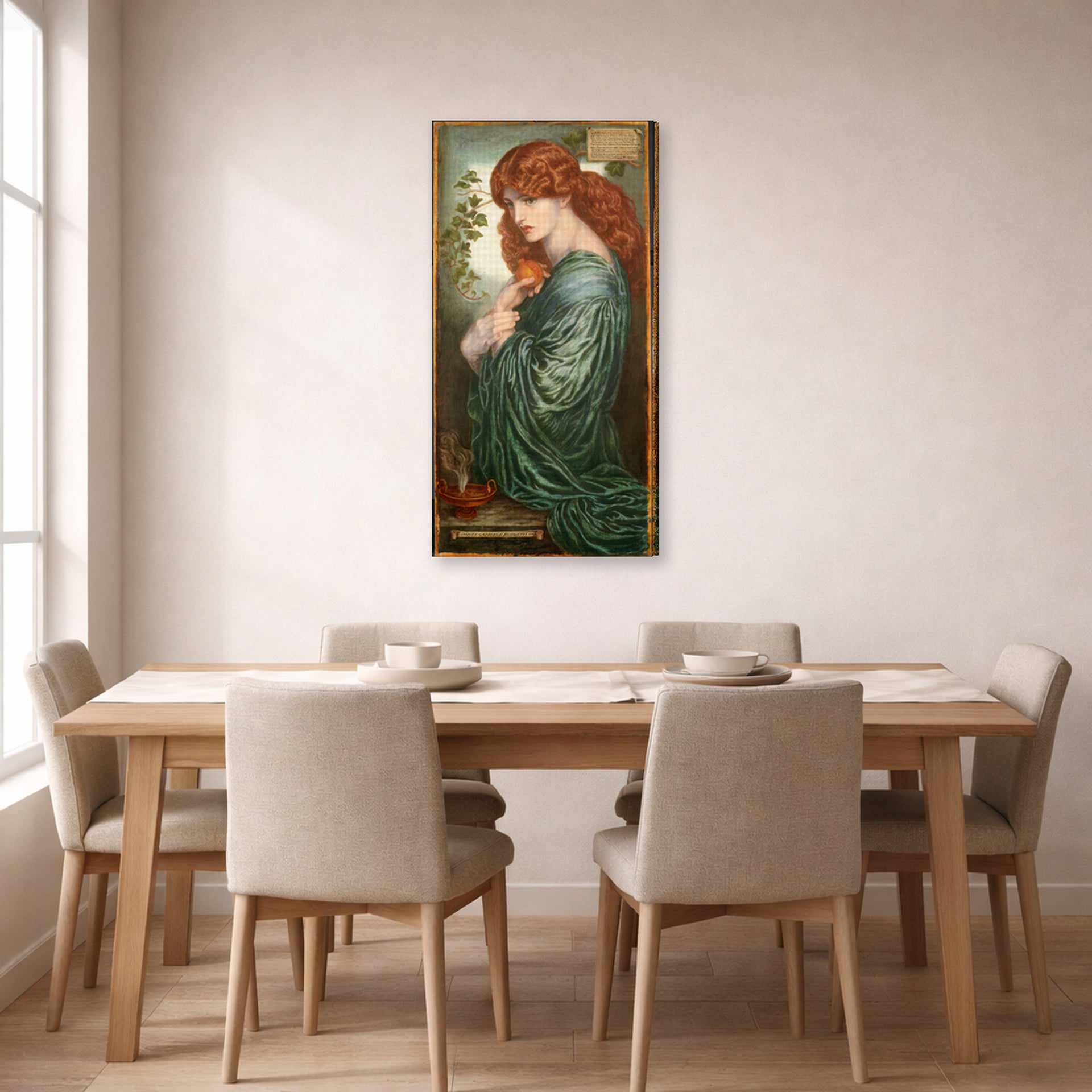 Gallery-wrapped canvas print of Dante Gabriel Rossetti's Proserpine displayed on a wall in a dining room