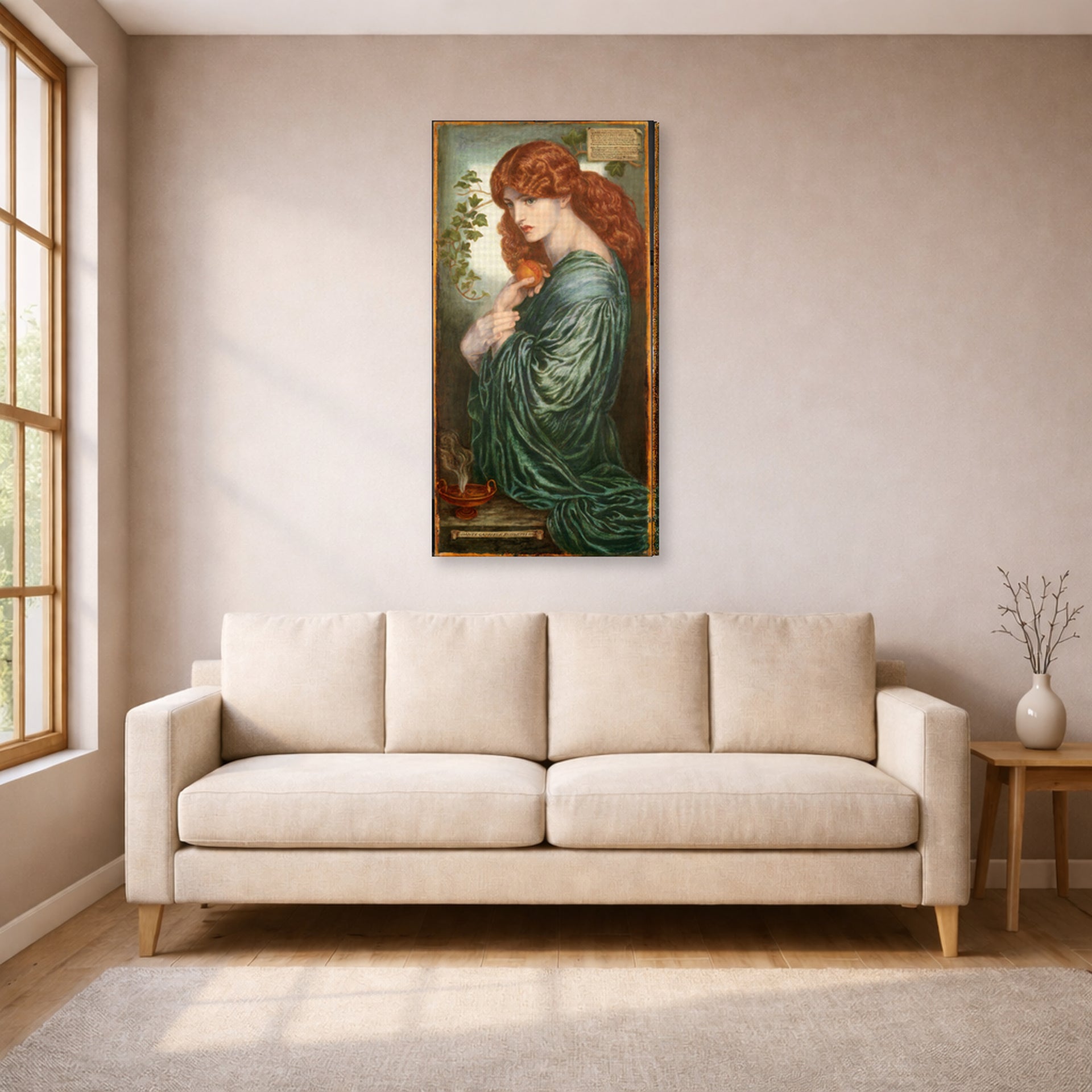 Gallery-wrapped canvas print of Dante Gabriel Rossetti's Proserpine displayed on a wall in a living room