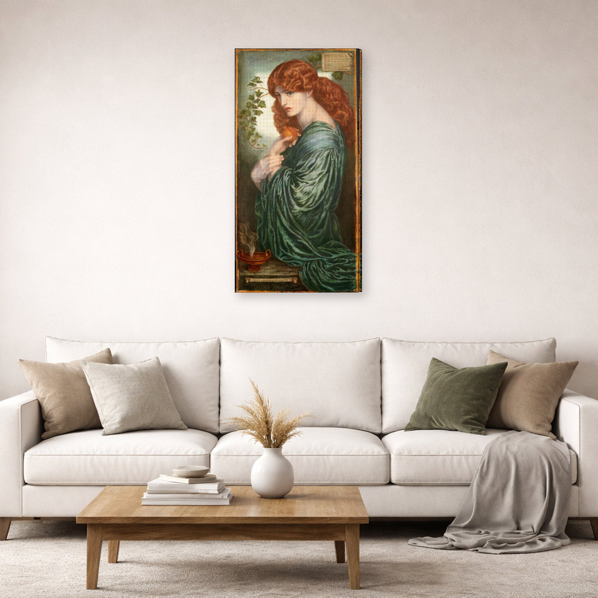 Gallery-wrapped canvas print of Dante Gabriel Rossetti's Proserpine displayed on a wall in a living room