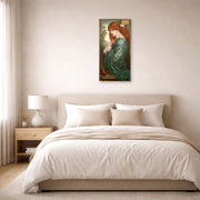 Unframed poster print of Dante Gabriel Rossetti's Proserpine displayed on a wall in a bedroom