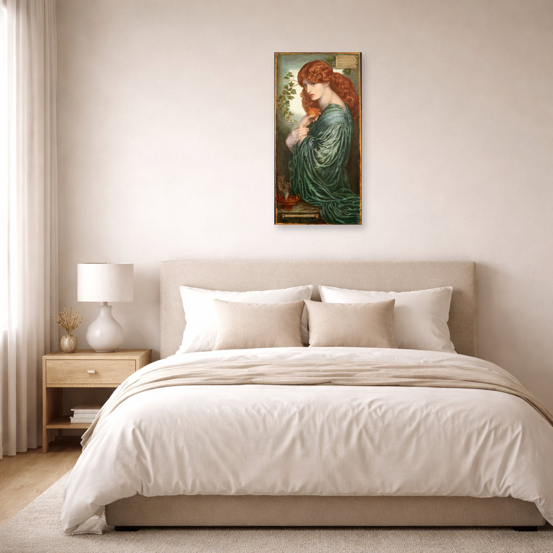 Unframed poster print of Dante Gabriel Rossetti's Proserpine displayed on a wall in a bedroom