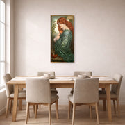 Unframed poster print of Dante Gabriel Rossetti's Proserpine displayed on a wall in a dining room
