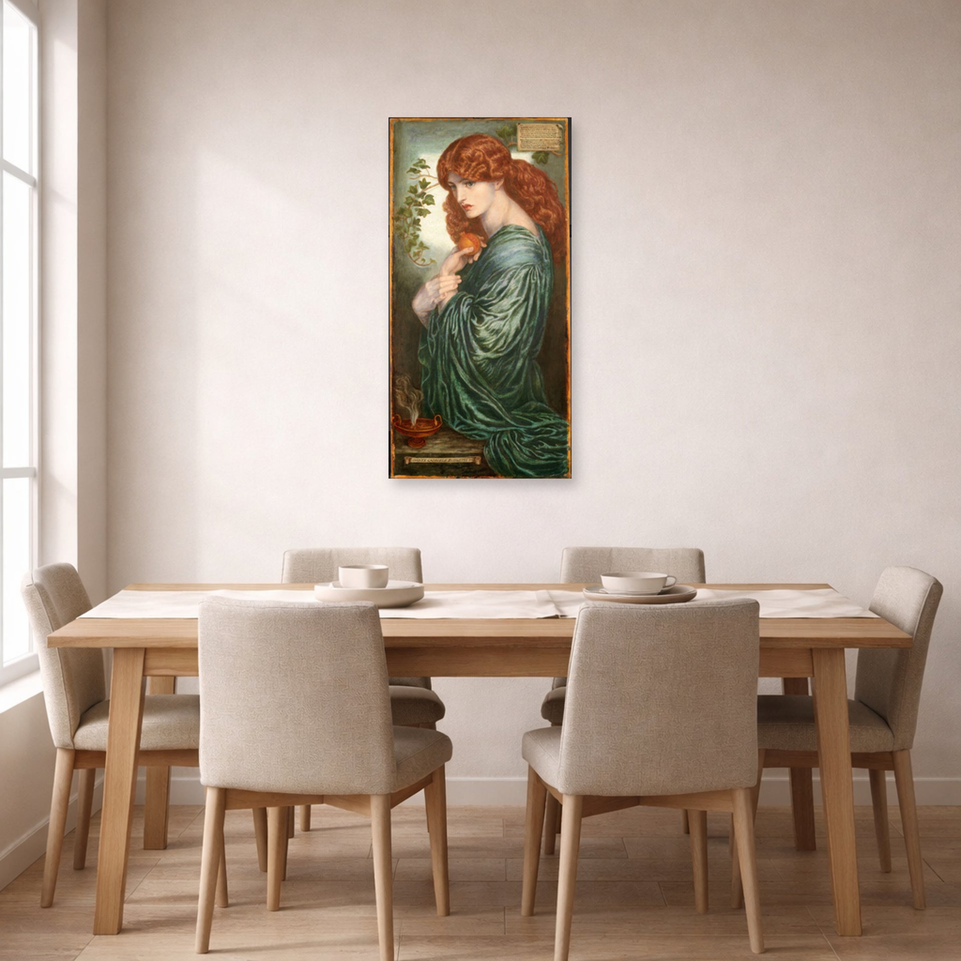 Unframed poster print of Dante Gabriel Rossetti's Proserpine displayed on a wall in a dining room