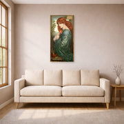 Unframed poster print of Dante Gabriel Rossetti's Proserpine displayed on a wall in a living room