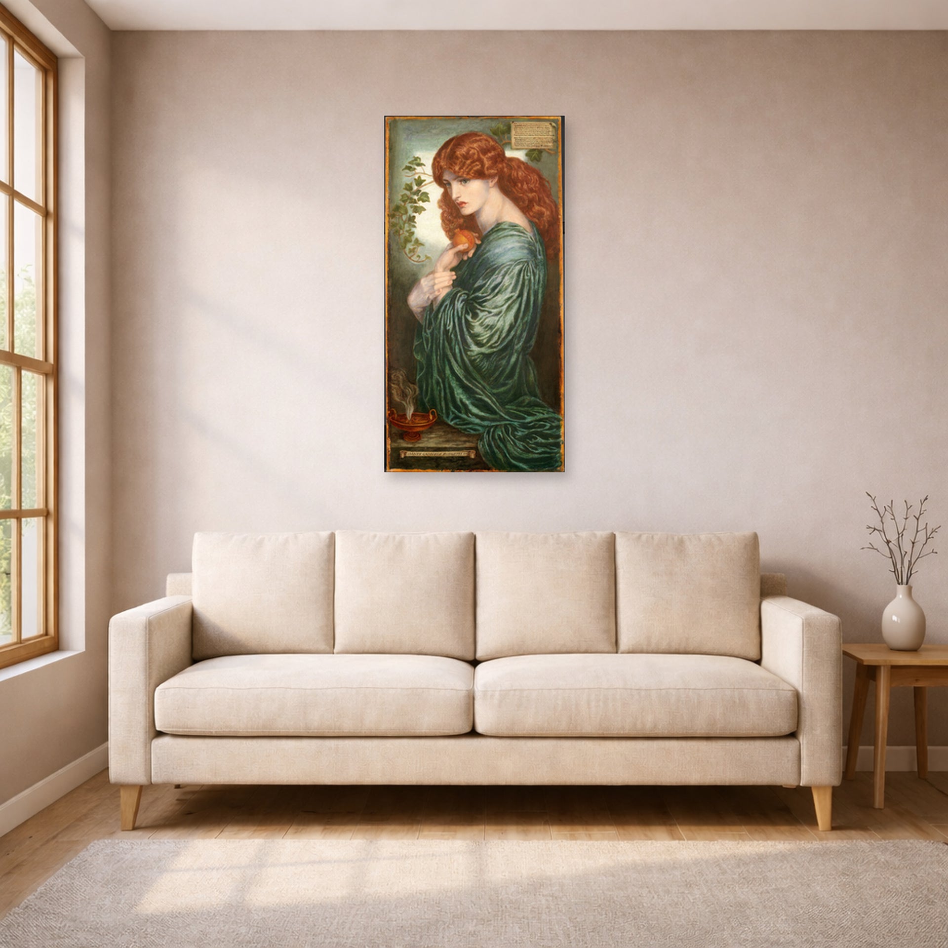 Unframed poster print of Dante Gabriel Rossetti's Proserpine displayed on a wall in a living room