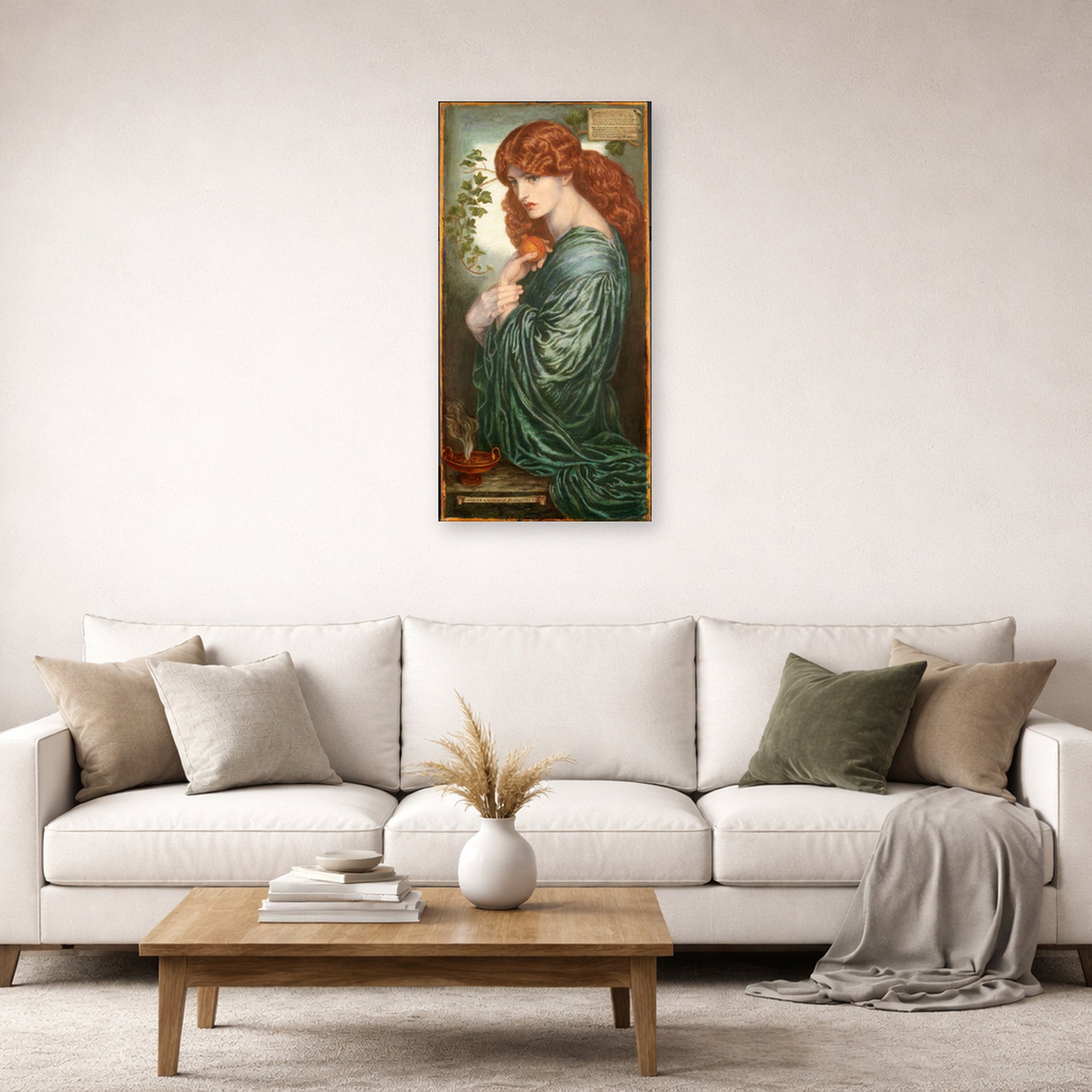 Unframed poster print of Dante Gabriel Rossetti's Proserpine displayed on a wall in a living room