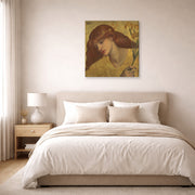Gallery-wrapped canvas print of Dante Gabriel Rossetti's Sancta Lilias displayed on a wall in a bedroom