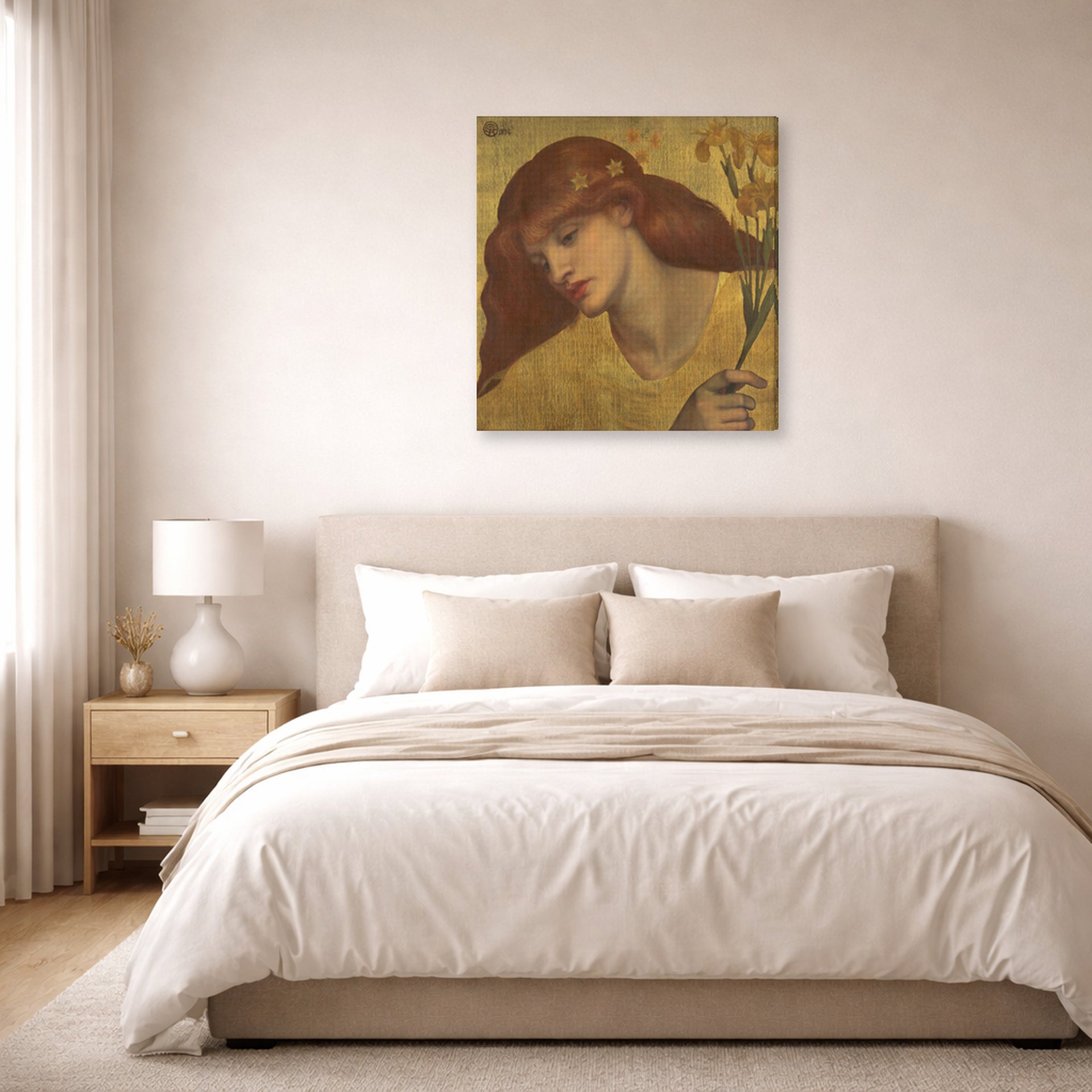 Gallery-wrapped canvas print of Dante Gabriel Rossetti's Sancta Lilias displayed on a wall in a bedroom