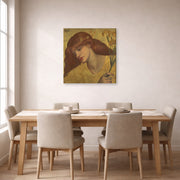 Gallery-wrapped canvas print of Dante Gabriel Rossetti's Sancta Lilias displayed on a wall in a dining room