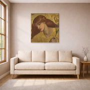 Gallery-wrapped canvas print of Dante Gabriel Rossetti's Sancta Lilias displayed on a wall in a living room