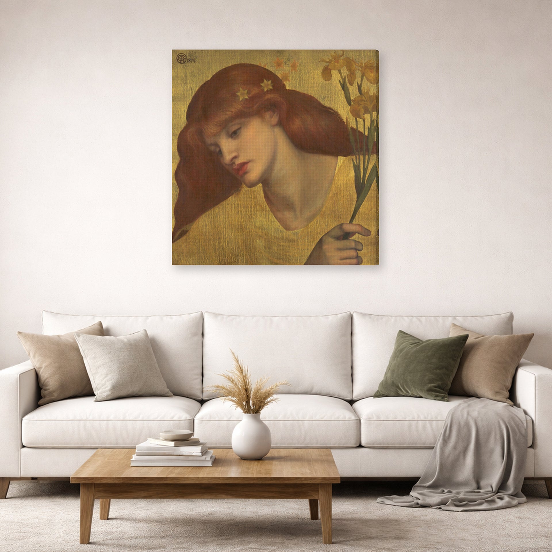 Gallery-wrapped canvas print of Dante Gabriel Rossetti's Sancta Lilias displayed on a wall in a living room