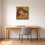 Gallery-wrapped canvas print of Dante Gabriel Rossetti's Sancta Lilias displayed on a wall in a office