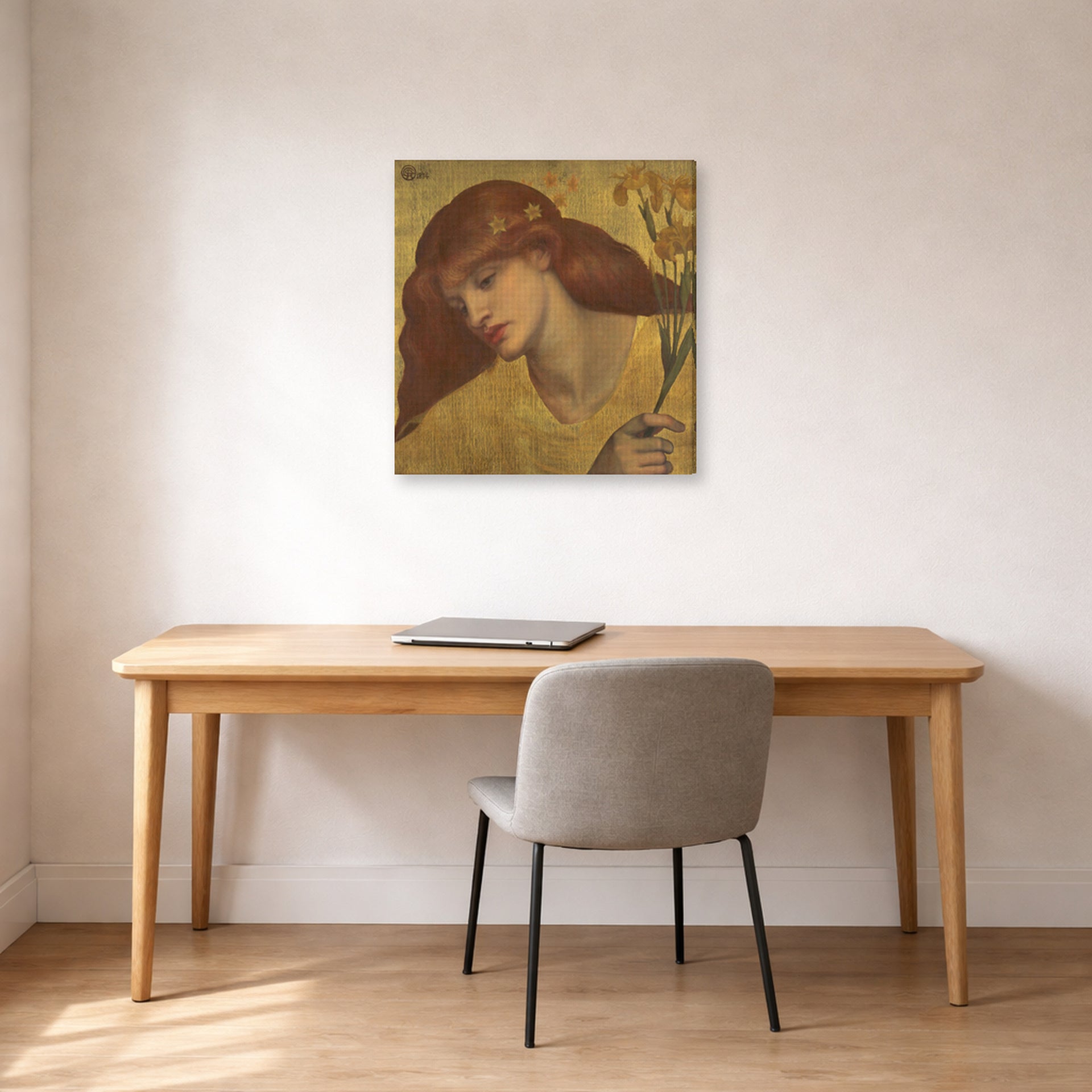 Gallery-wrapped canvas print of Dante Gabriel Rossetti's Sancta Lilias displayed on a wall in a office