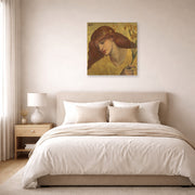 Unframed poster print of Dante Gabriel Rossetti's Sancta Lilias displayed on a wall in a bedroom