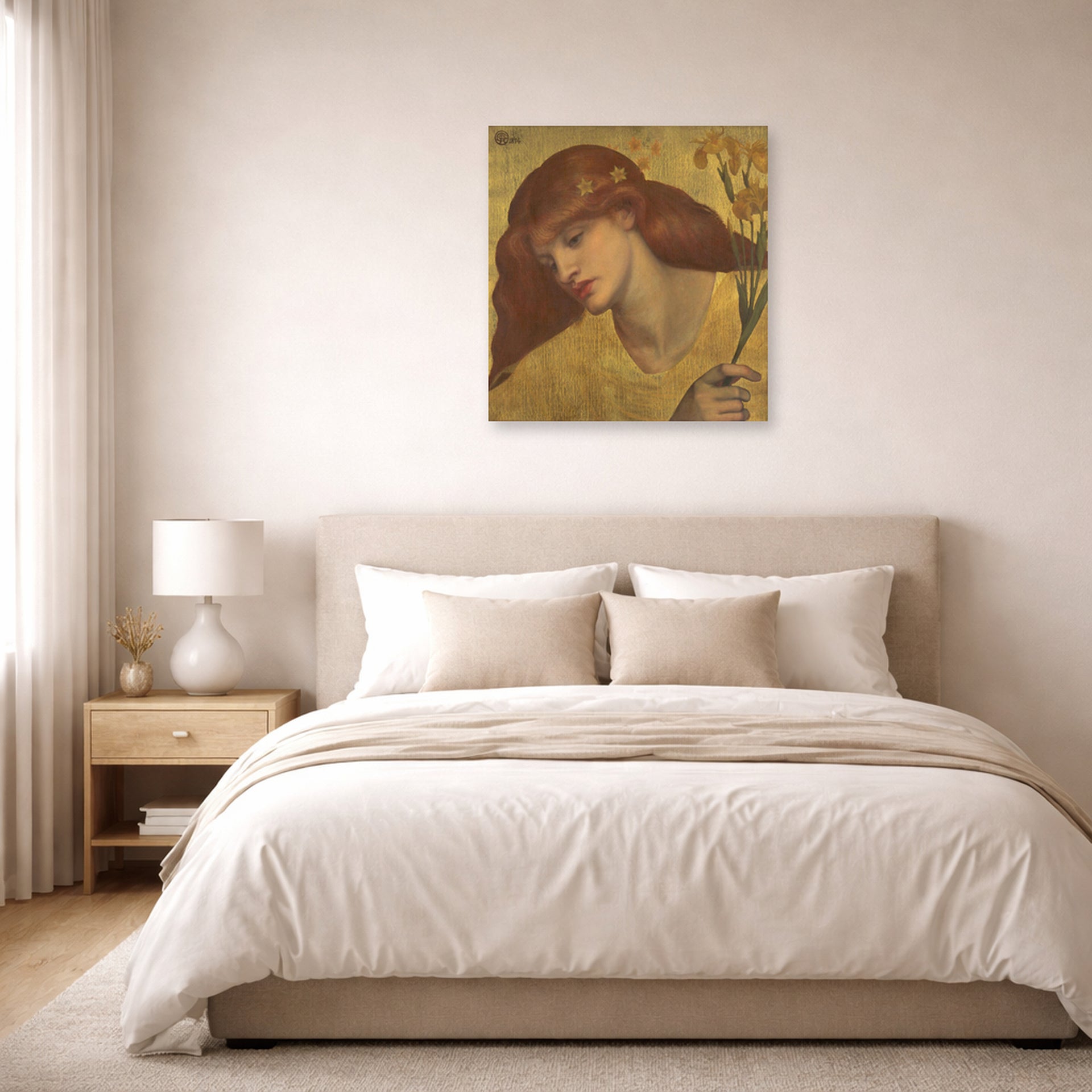 Unframed poster print of Dante Gabriel Rossetti's Sancta Lilias displayed on a wall in a bedroom