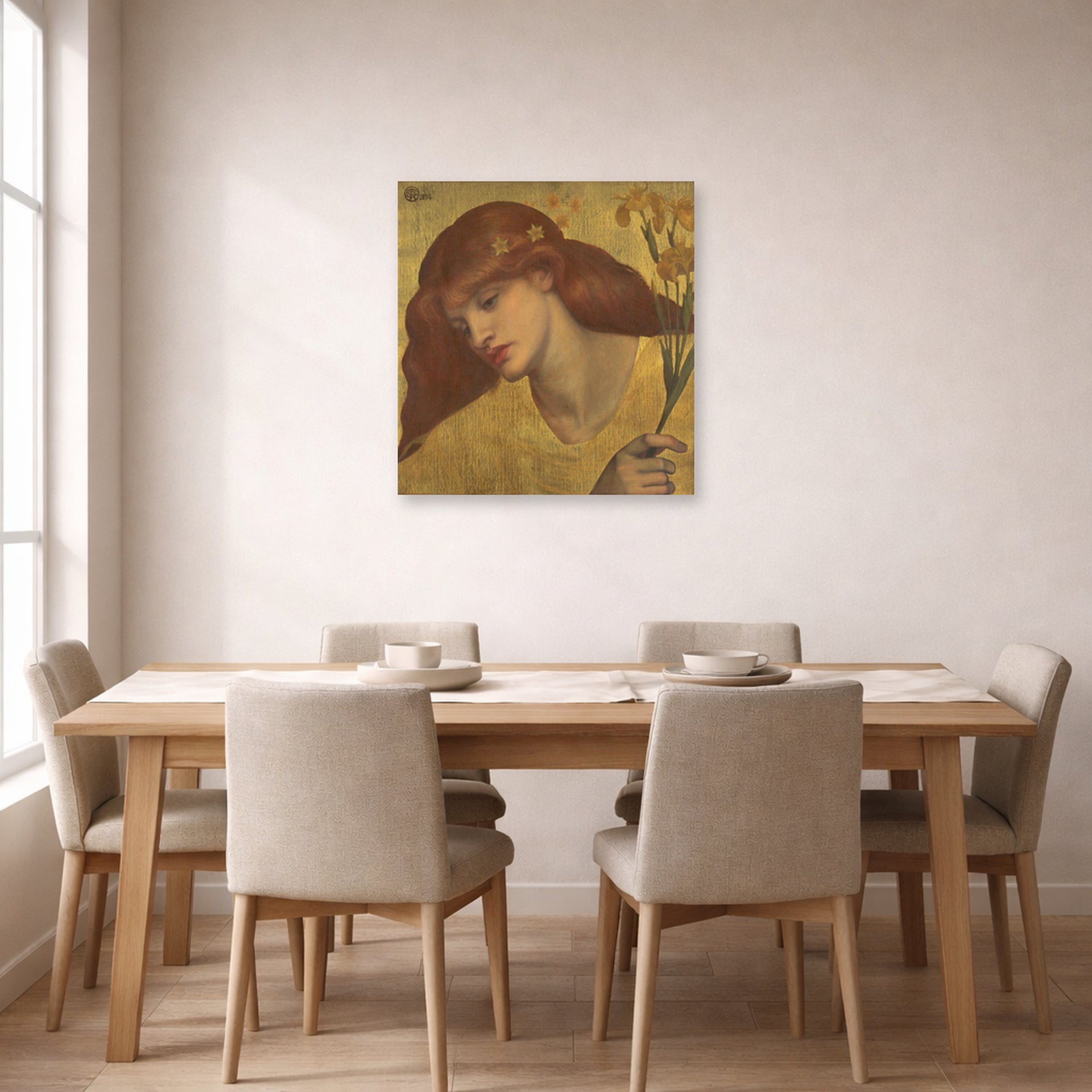 Unframed poster print of Dante Gabriel Rossetti's Sancta Lilias displayed on a wall in a dining room