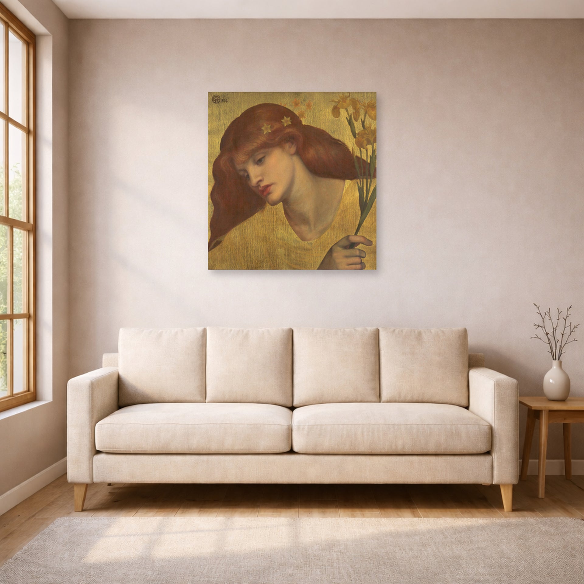 Unframed poster print of Dante Gabriel Rossetti's Sancta Lilias displayed on a wall in a living room