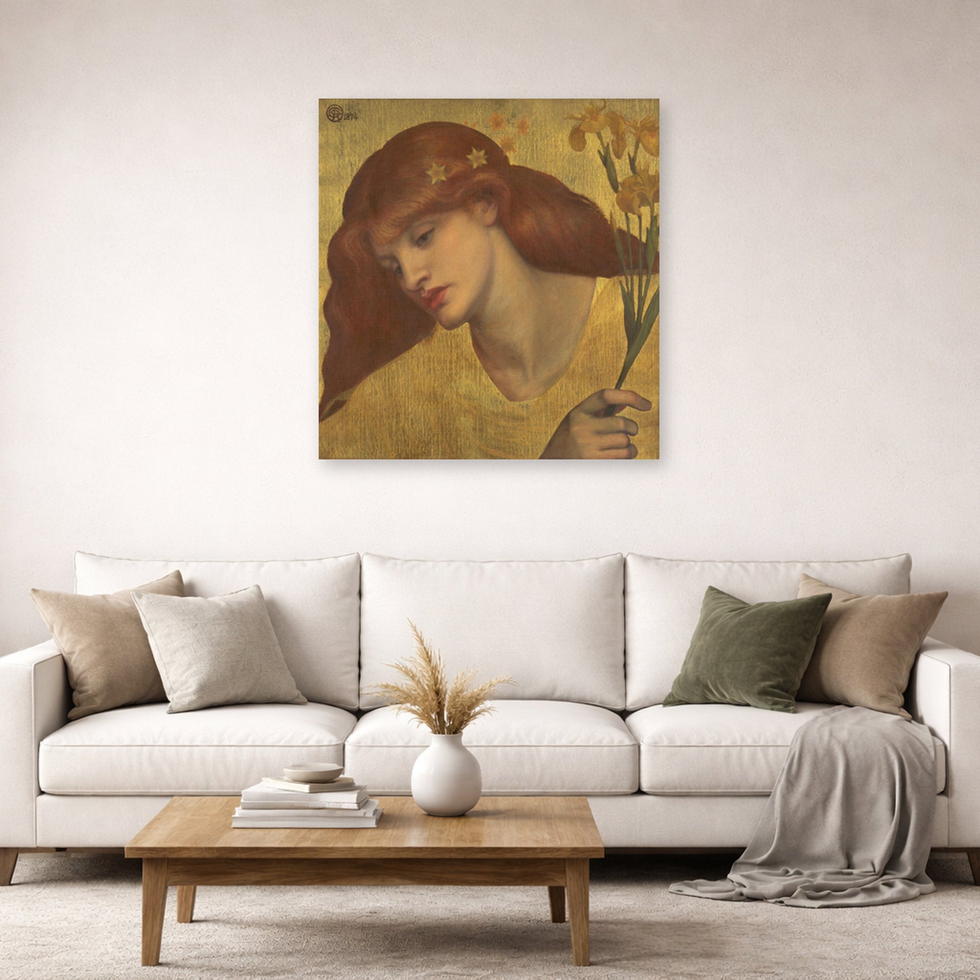 Unframed poster print of Dante Gabriel Rossetti's Sancta Lilias displayed on a wall in a living room