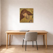 Unframed poster print of Dante Gabriel Rossetti's Sancta Lilias displayed on a wall in a office