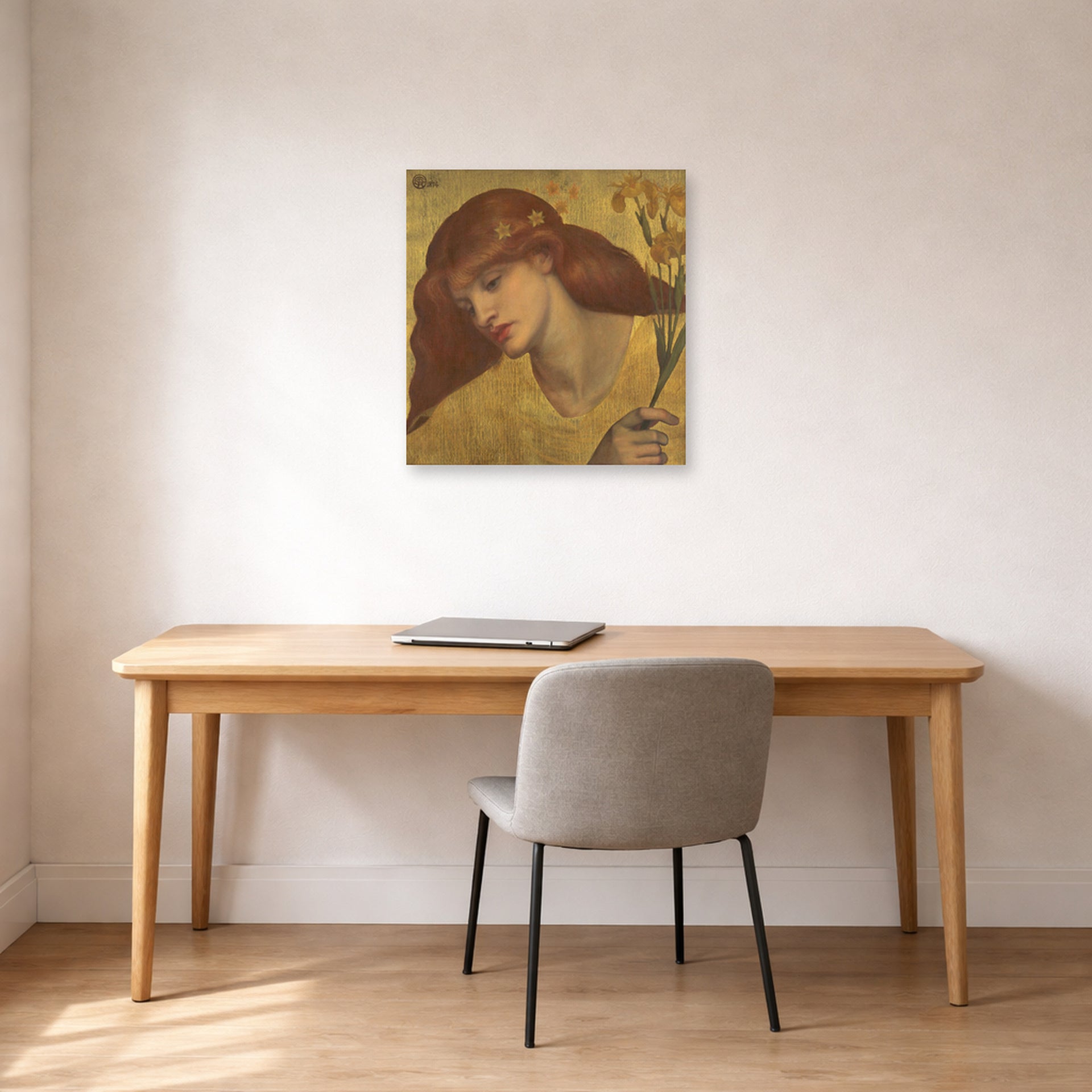 Unframed poster print of Dante Gabriel Rossetti's Sancta Lilias displayed on a wall in a office