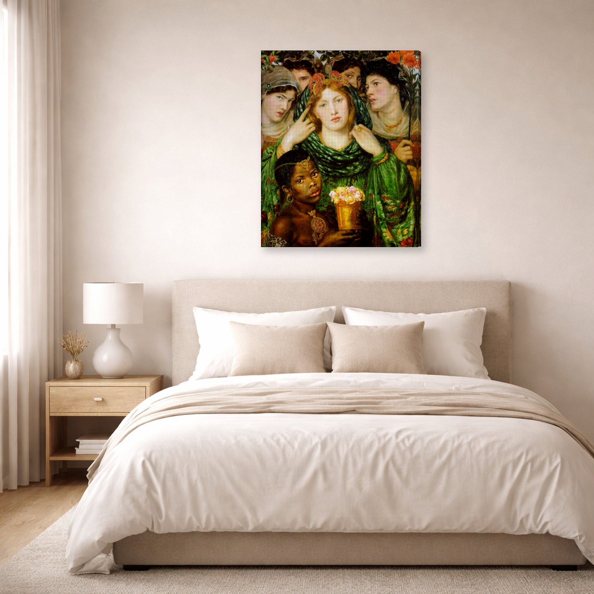 Gallery-wrapped canvas print of Dante Gabriel Rossetti's The Beloved displayed on a wall in a bedroom