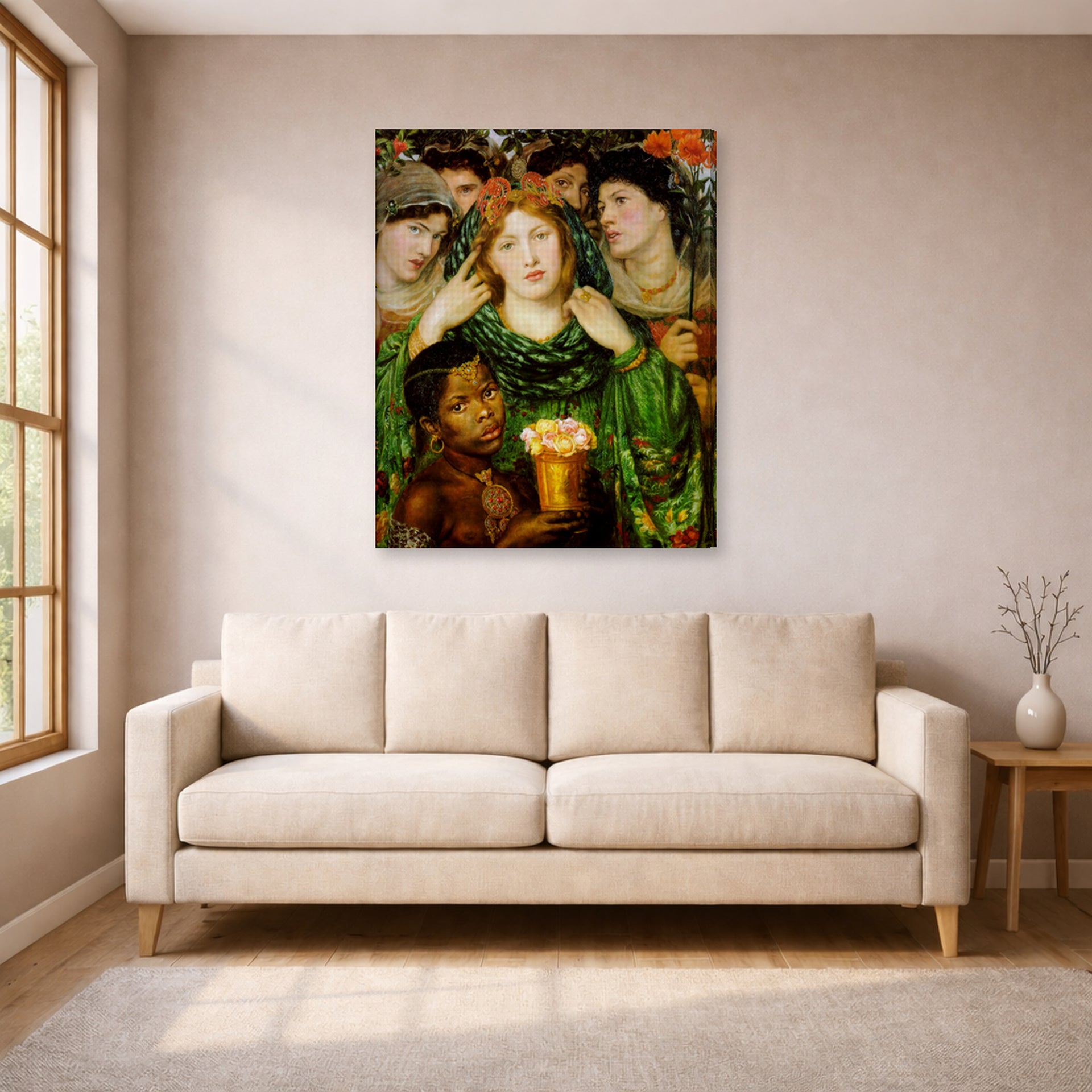Gallery-wrapped canvas print of Dante Gabriel Rossetti's The Beloved displayed on a wall in a living room