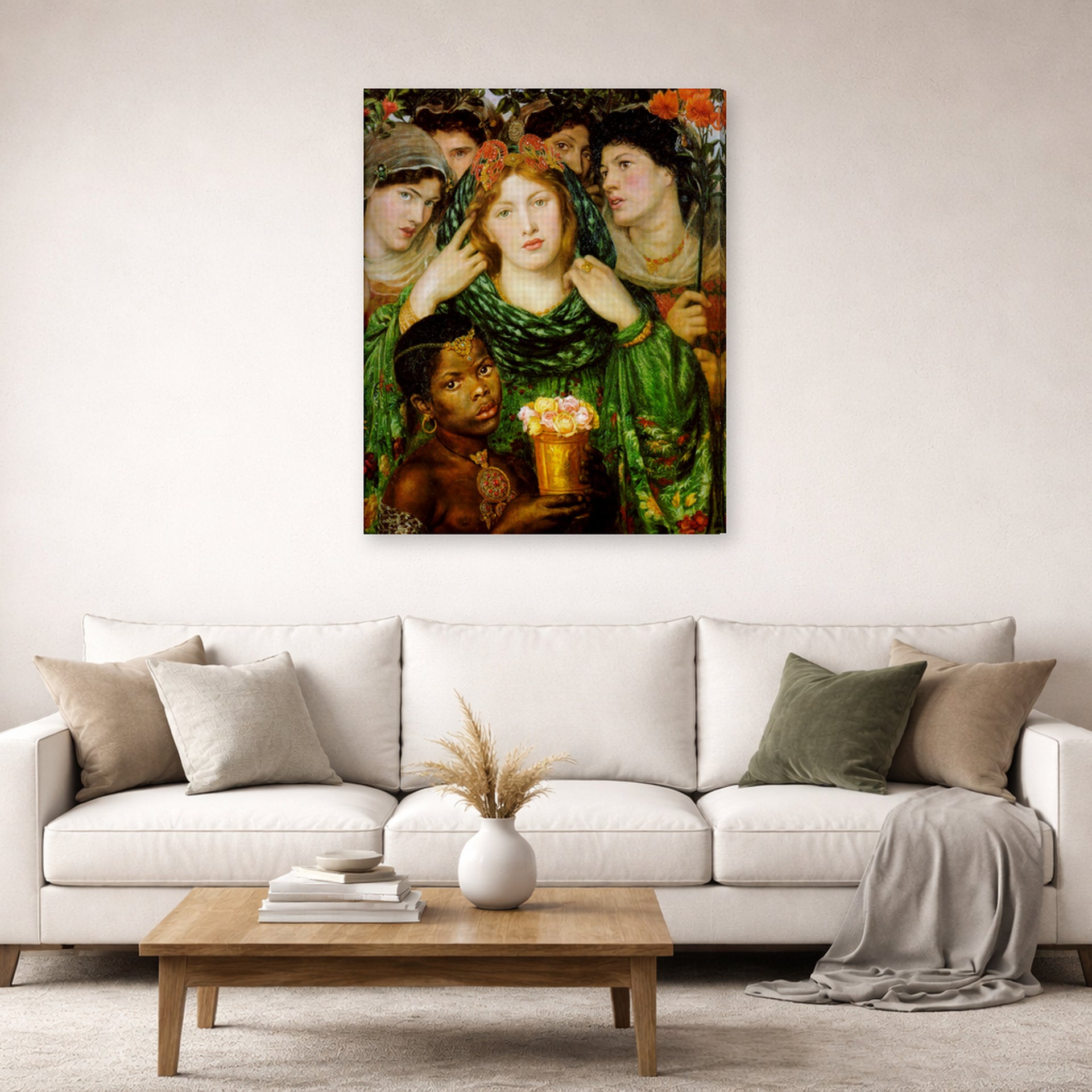 Gallery-wrapped canvas print of Dante Gabriel Rossetti's The Beloved displayed on a wall in a living room