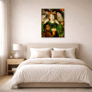 Unframed poster print of Dante Gabriel Rossetti's The Beloved displayed on a wall in a bedroom