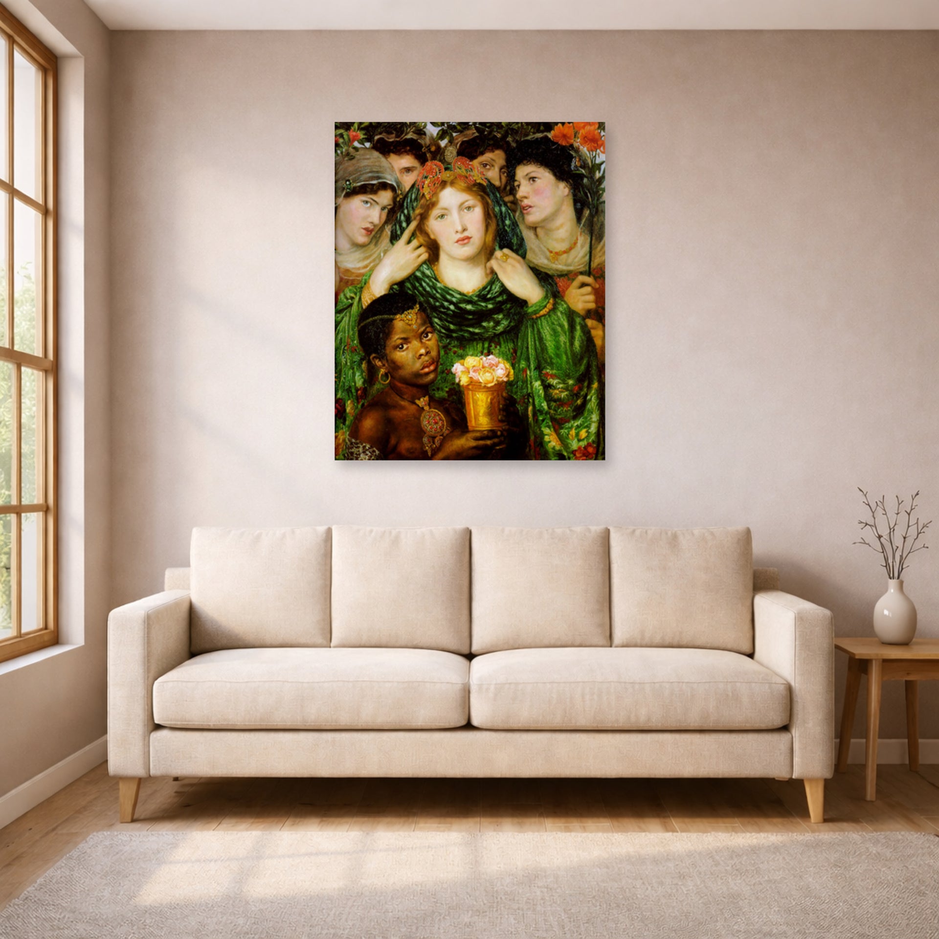 Unframed poster print of Dante Gabriel Rossetti's The Beloved displayed on a wall in a living room