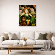 Unframed poster print of Dante Gabriel Rossetti's The Beloved displayed on a wall in a living room