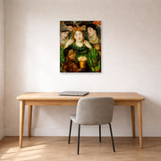 Unframed poster print of Dante Gabriel Rossetti's The Beloved displayed on a wall in a office