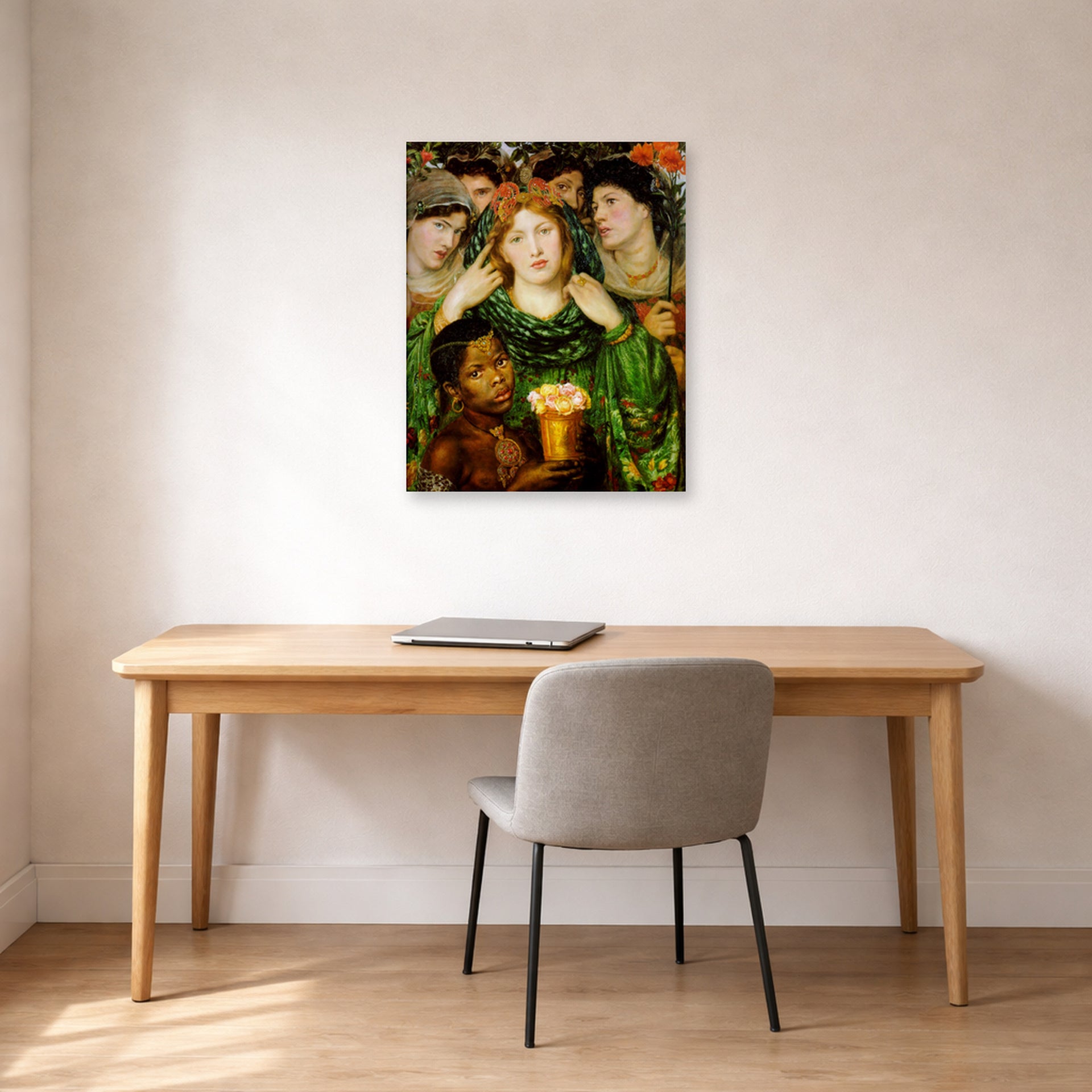 Unframed poster print of Dante Gabriel Rossetti's The Beloved displayed on a wall in a office