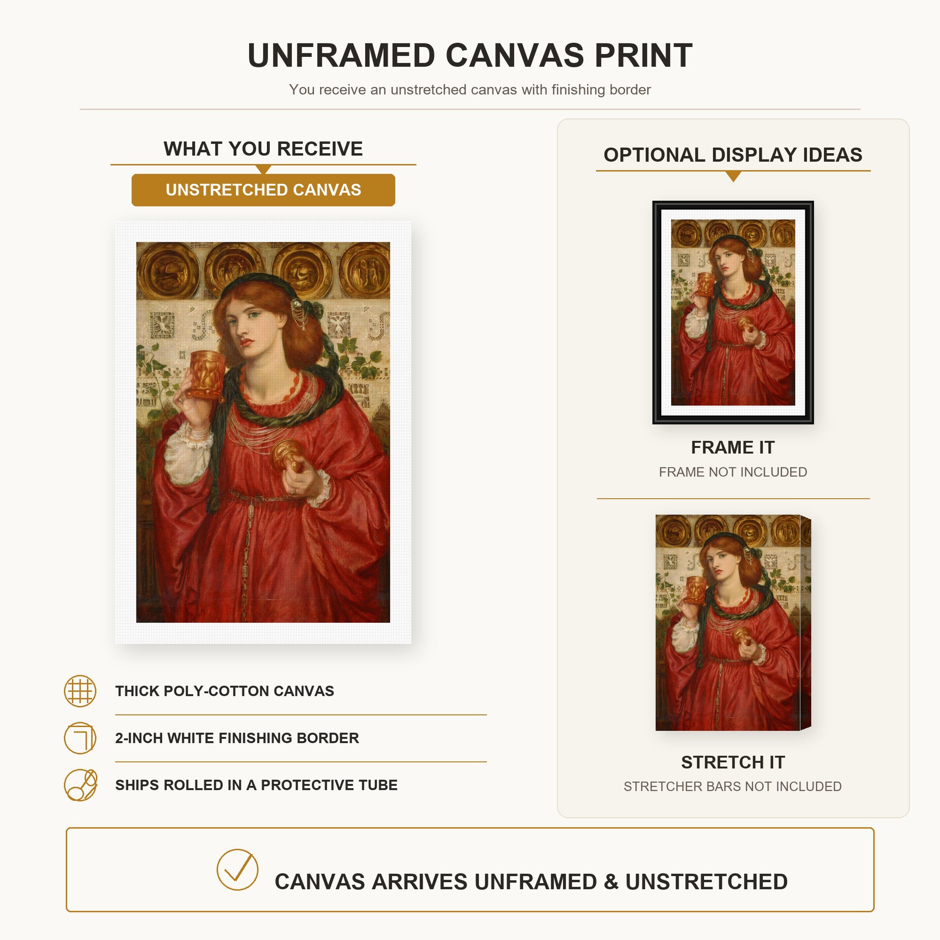 Dante Gabriel Rossetti - The Loving Cup canvas print size comparison and framing display infographic