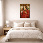 Gallery-wrapped canvas print of Dante Gabriel Rossetti's The Loving Cup displayed on a wall in a bedroom