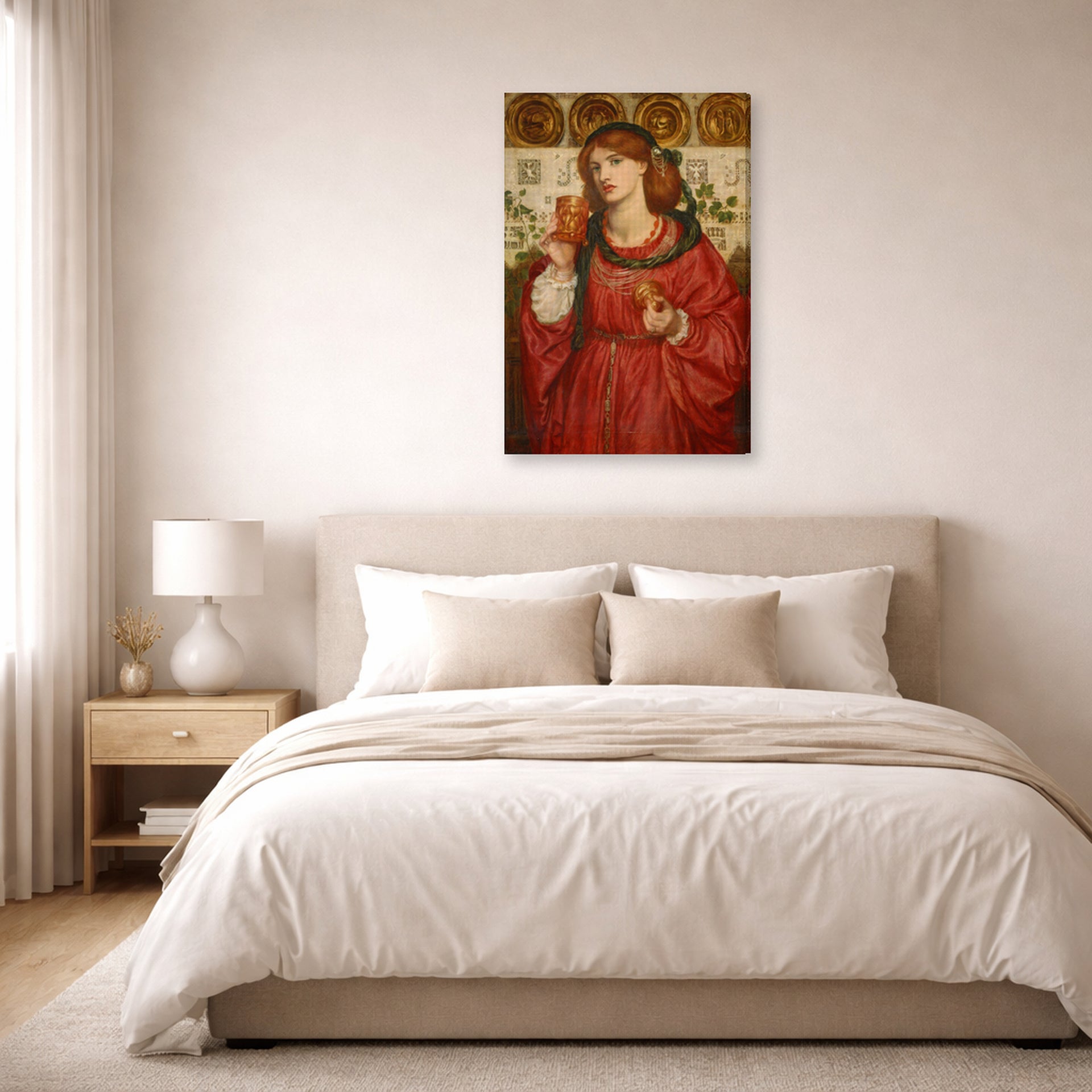 Gallery-wrapped canvas print of Dante Gabriel Rossetti's The Loving Cup displayed on a wall in a bedroom