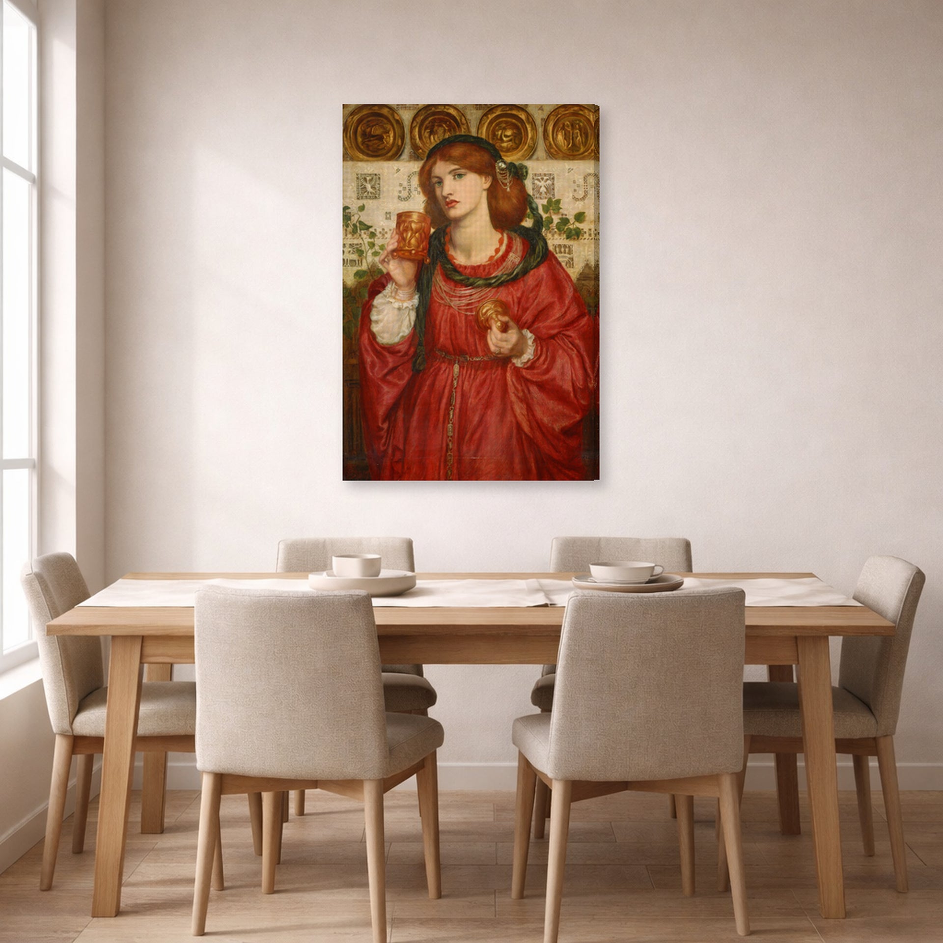 Gallery-wrapped canvas print of Dante Gabriel Rossetti's The Loving Cup displayed on a wall in a dining room