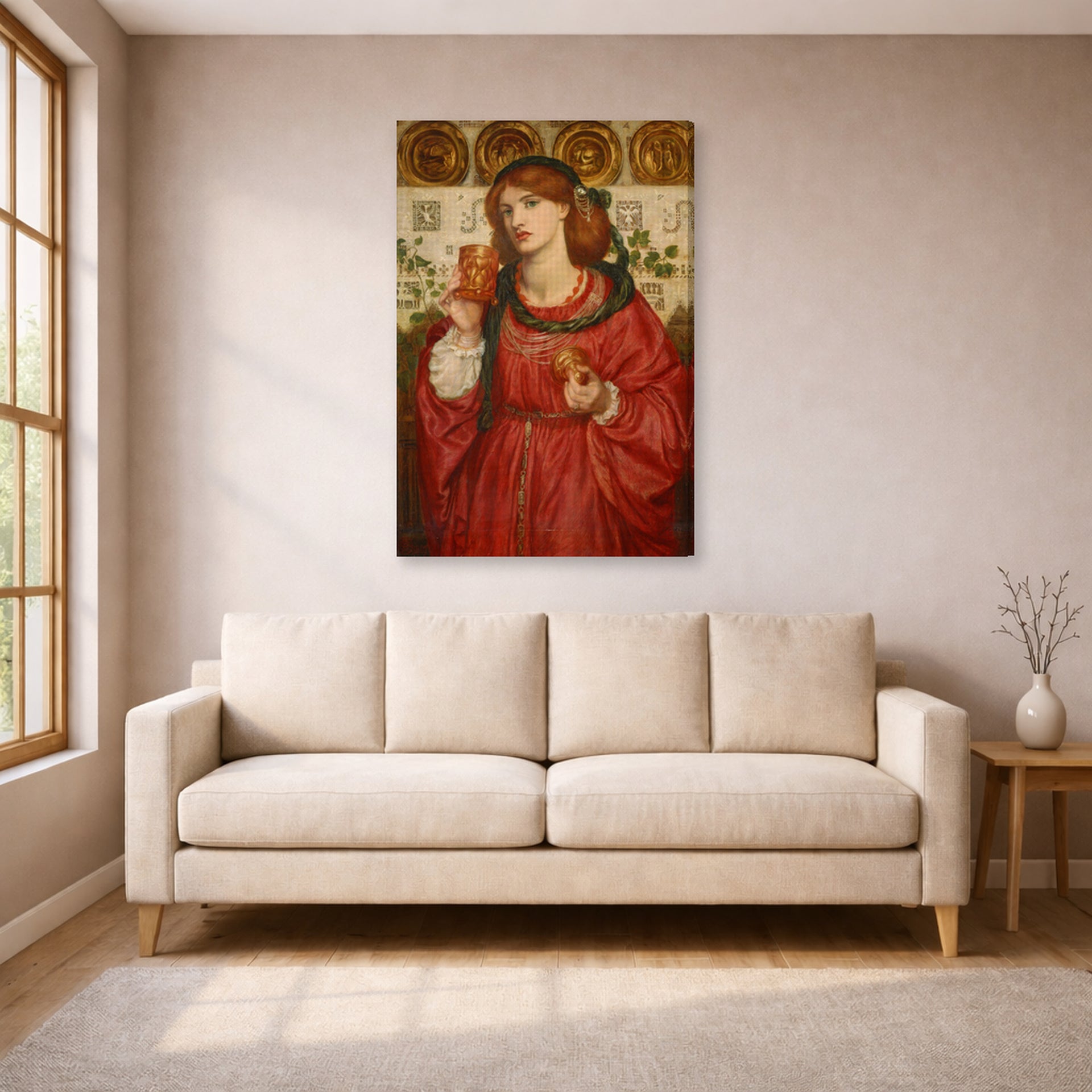 Gallery-wrapped canvas print of Dante Gabriel Rossetti's The Loving Cup displayed on a wall in a living room