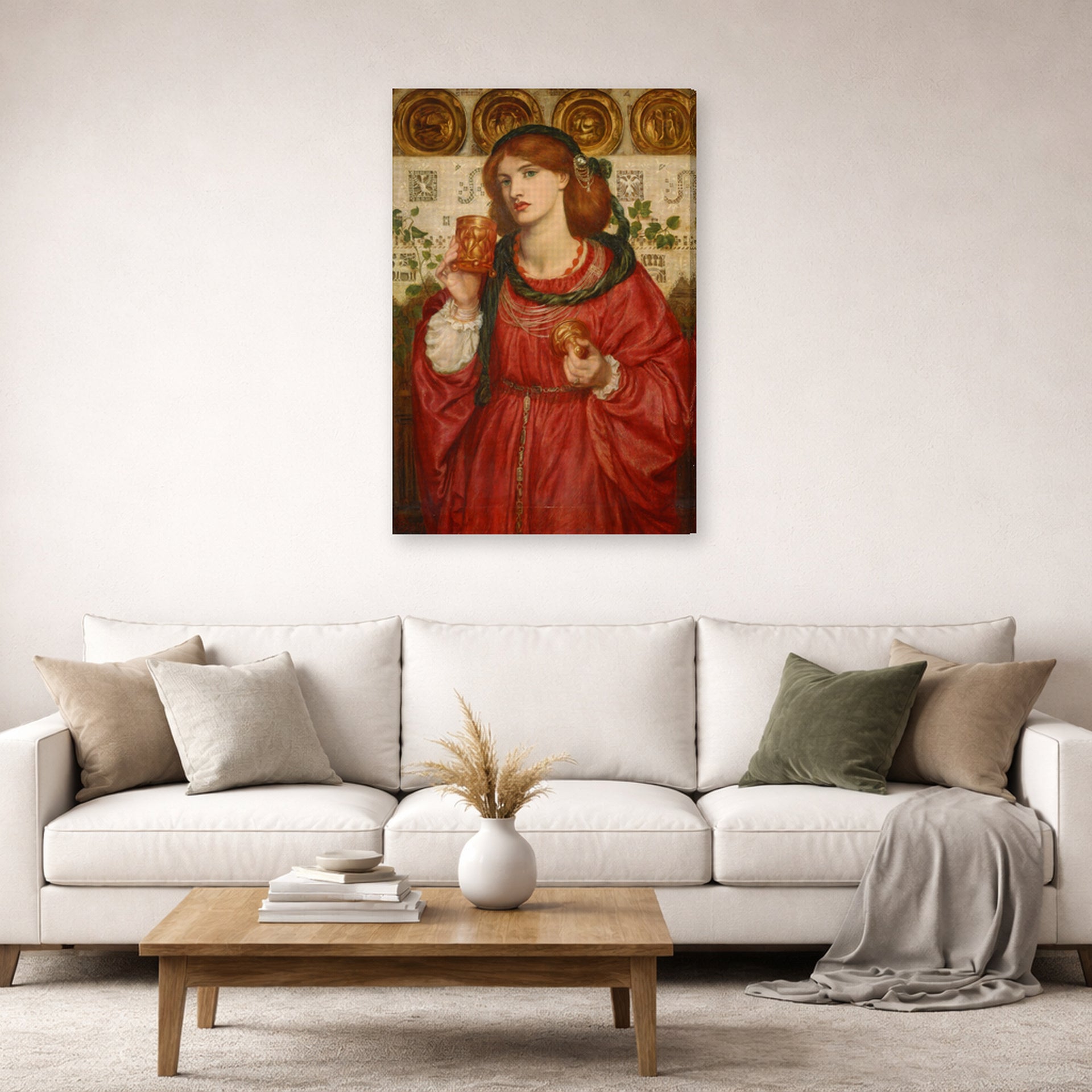 Gallery-wrapped canvas print of Dante Gabriel Rossetti's The Loving Cup displayed on a wall in a living room